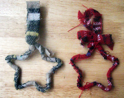 Make these cute ornaments in 10 seconds from pipe cleaner shapes covered with fabric strips.