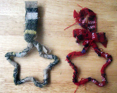 10 Second Ornaments Make these cute ornaments in 10 seconds from pipe cleaner shapes covered with fabric strips.